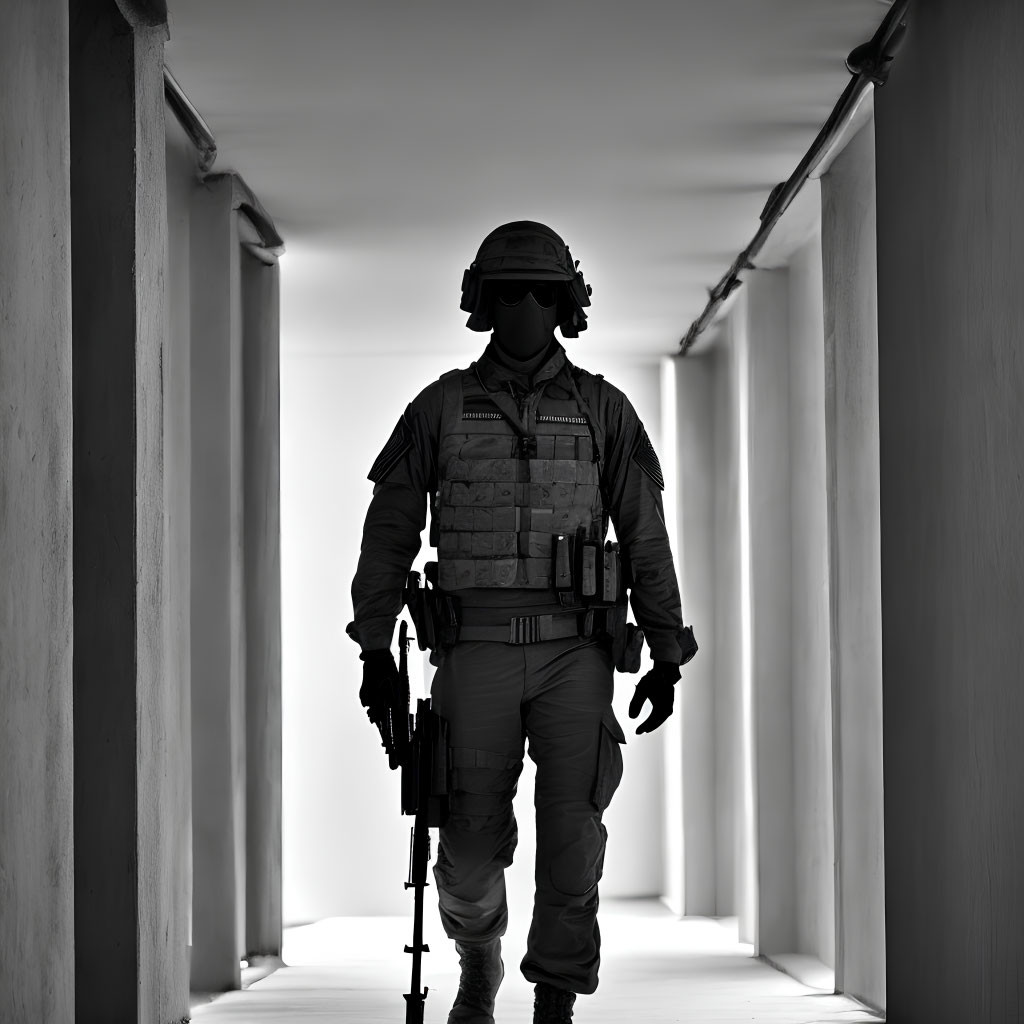 Soldier in gear and helmet walking through shadowed corridor with rifle