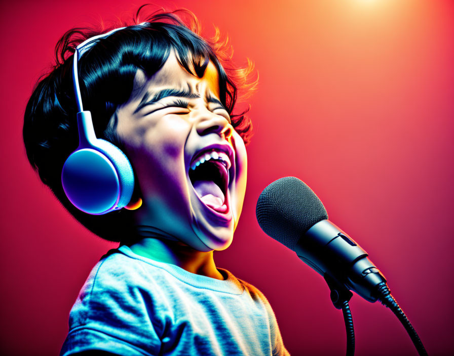 Young Child Singing with Headphones on Colorful Background