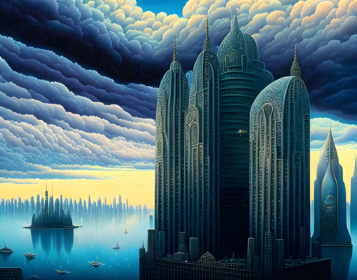 Futuristic cityscape with ornate skyscrapers under dramatic sky