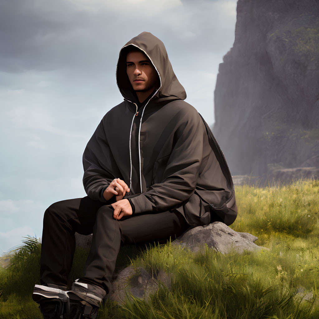 Man in black hoodie sitting on rock in grassy terrain with cloudy skies and steep cliff