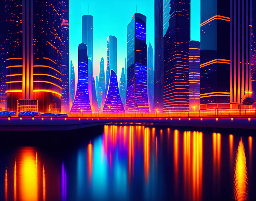 Neon-lit cityscape at dusk with skyscrapers reflected in calm water