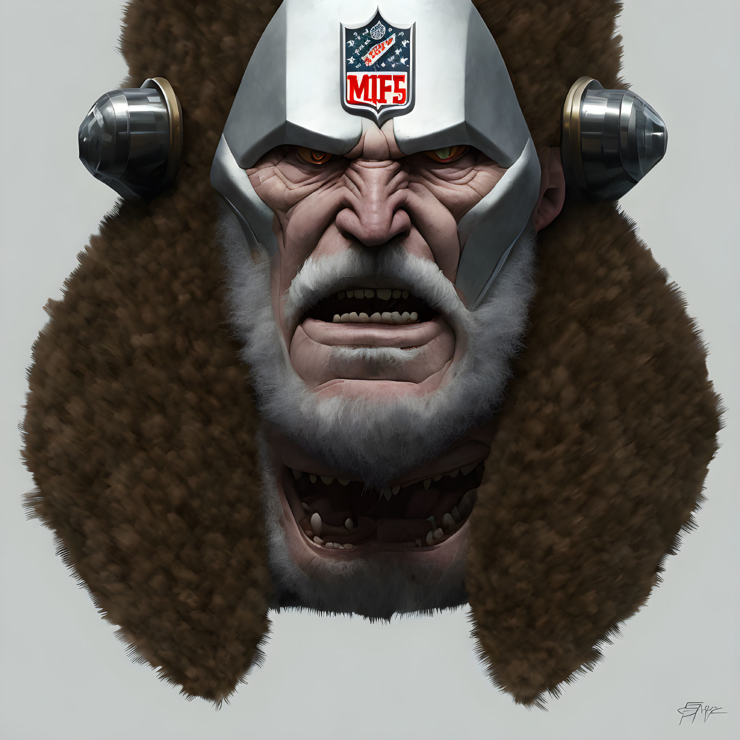 Fantasy character with Viking helmet and intense expression