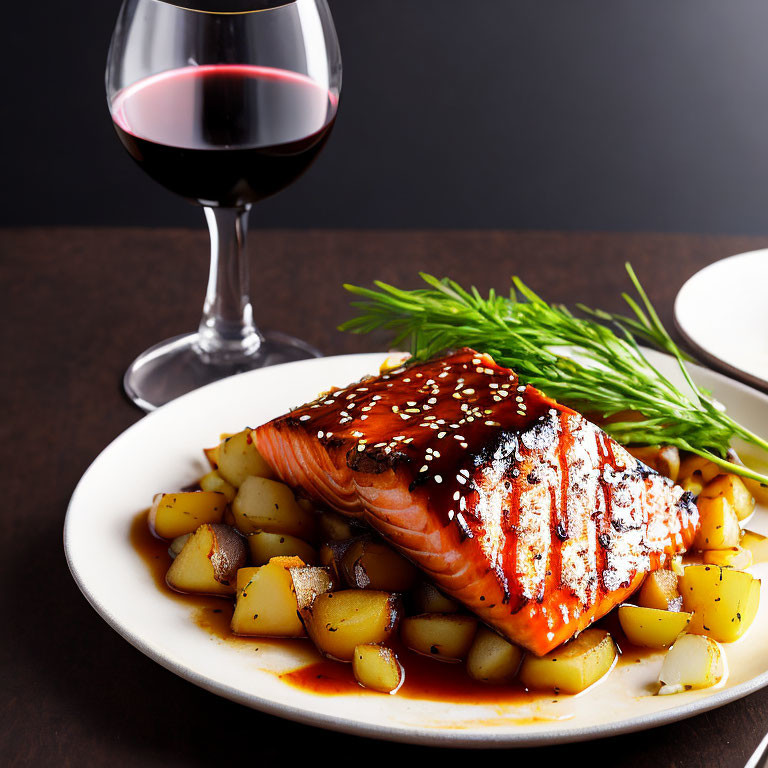 Grilled Salmon with Glaze on Bed of Potatoes, Dill, Sesame Seeds, and