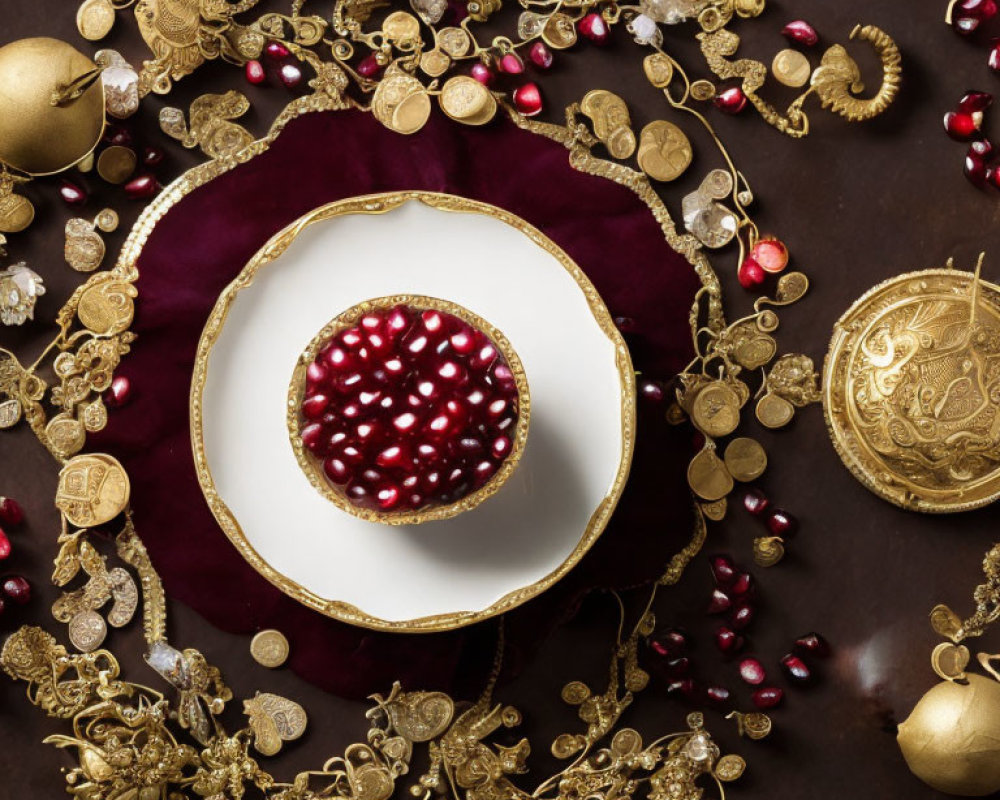 Luxurious gold-rimmed plate on maroon cloth with ornaments, jewelry, and pomegran