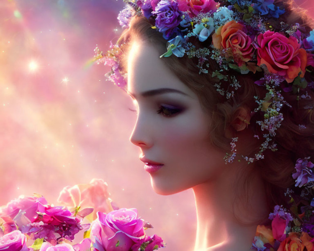 Vibrant floral crown on woman in digital art portrait