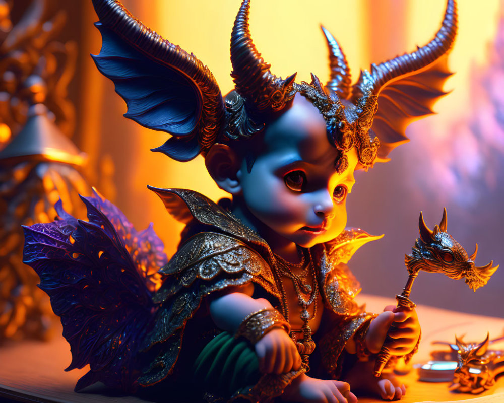 Digital fantasy art of baby with dragon features holding scepter