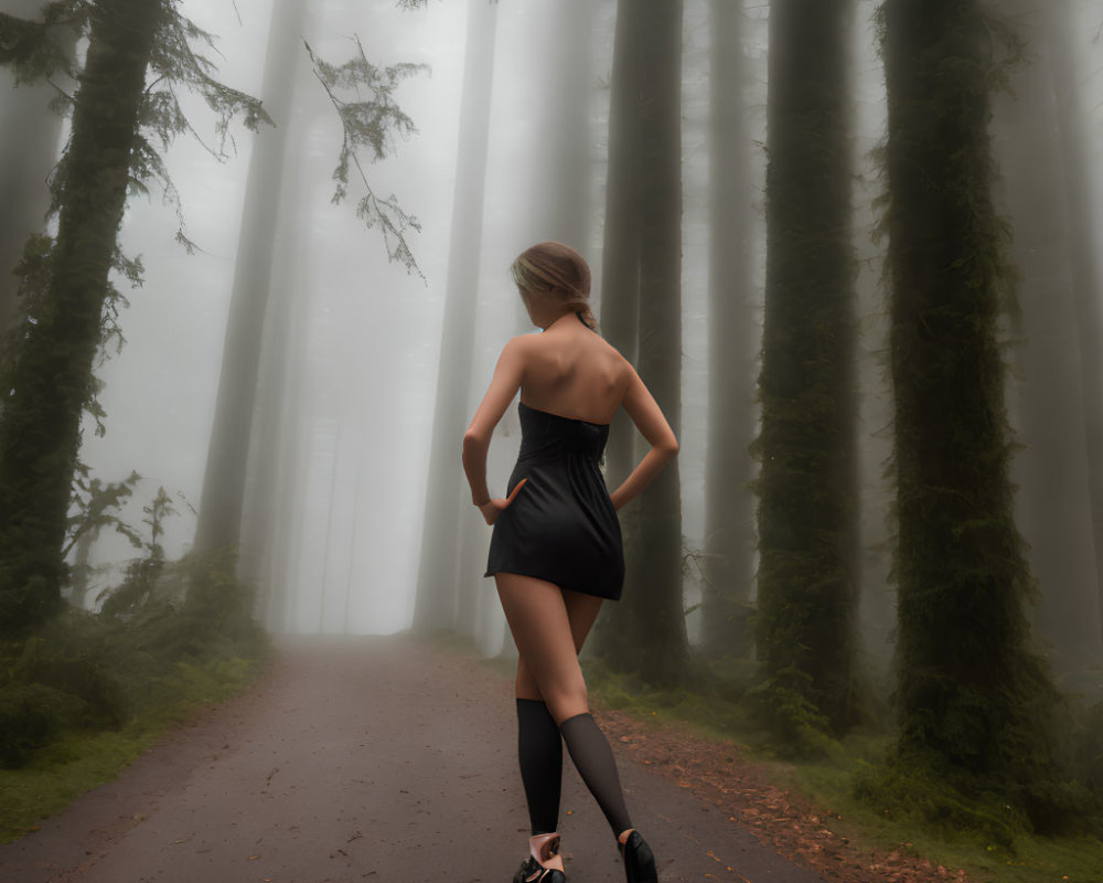 Person jogging on misty forest path among tall trees