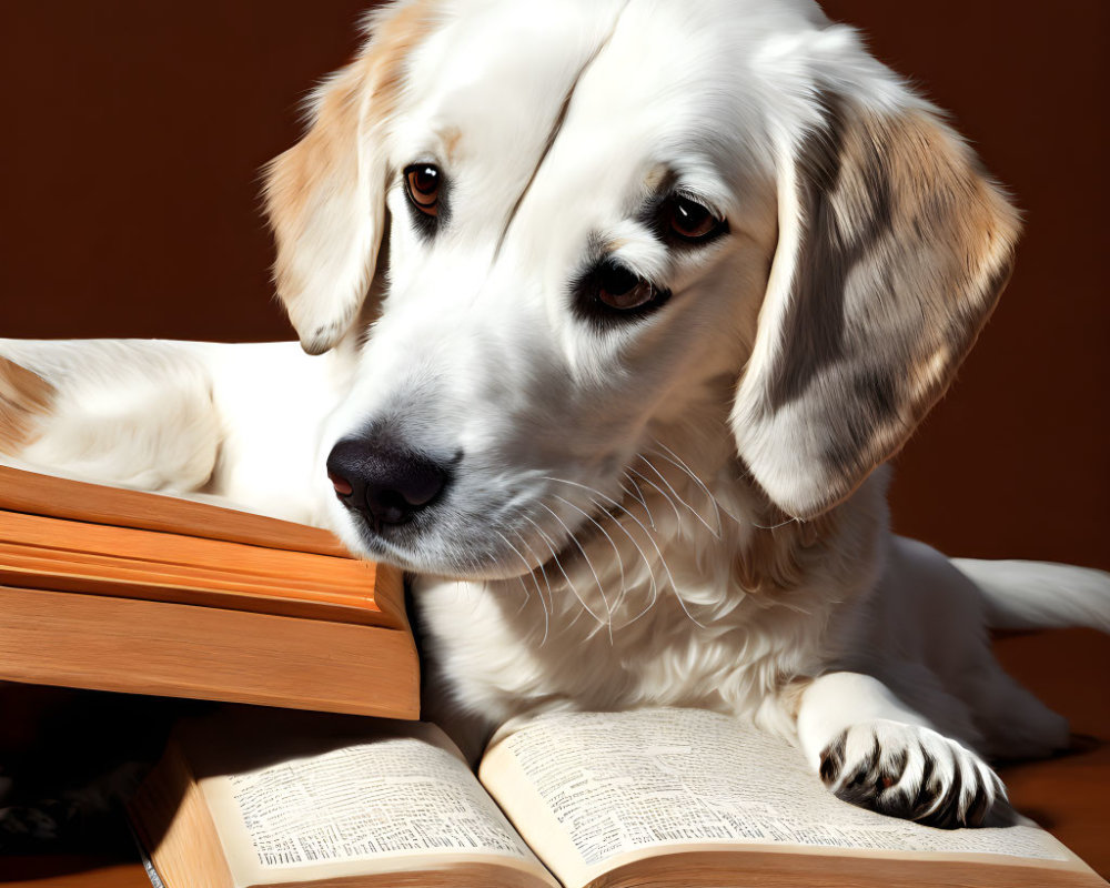 Contemplative golden retriever dog sitting at table with open book