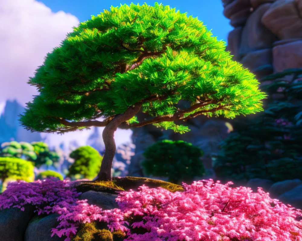 Lush green bonsai tree on pink flowers, rocky terrain, clear blue sky