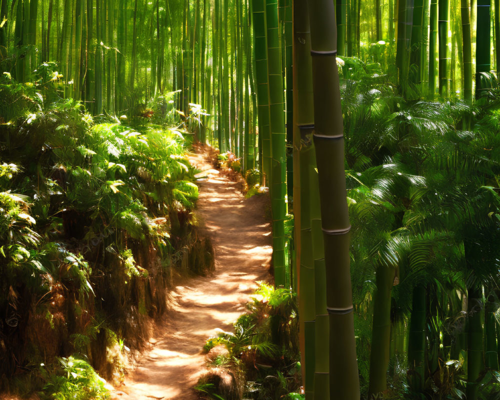 Tranquil path through lush bamboo forest with sunlight filtering through tall green stalks