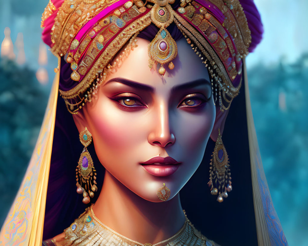 Digital artwork of woman in royal Indian attire with gold jewelry and detailed headpiece against ethereal backdrop