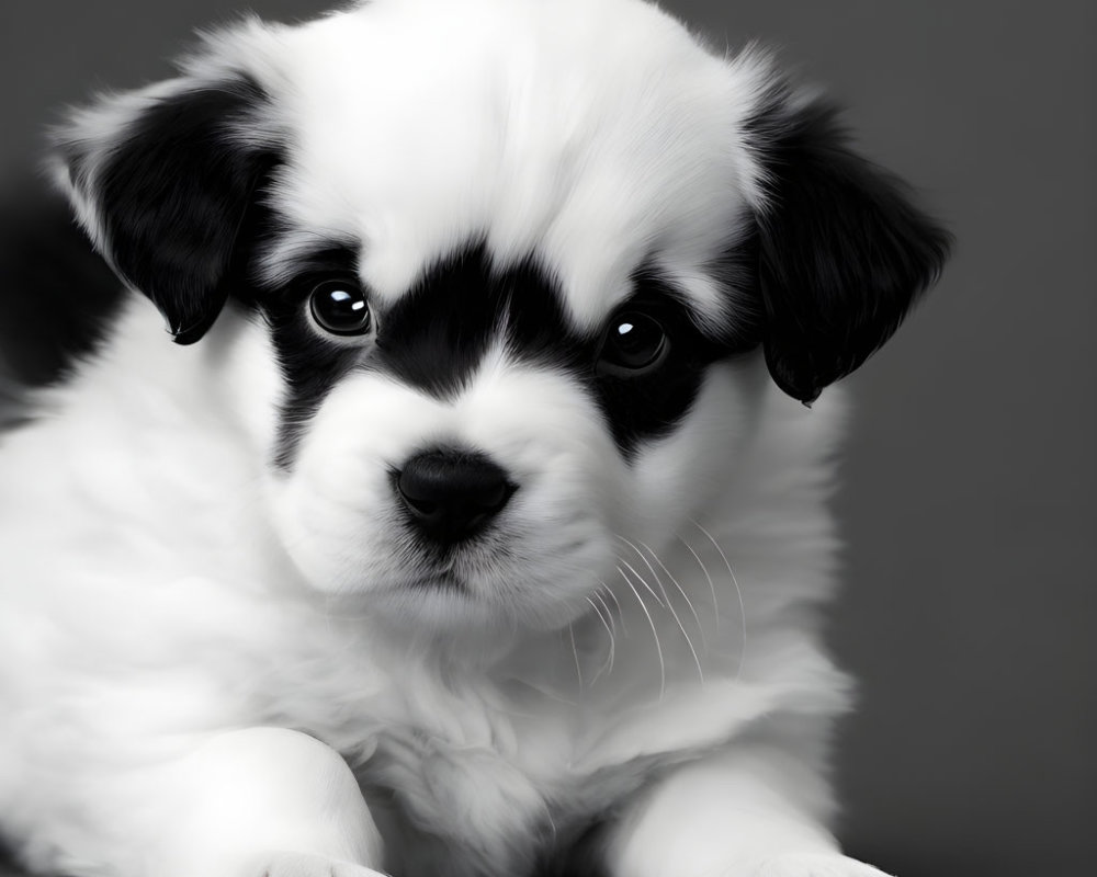 Black and White Puppy with Eye Patch on Gray Background