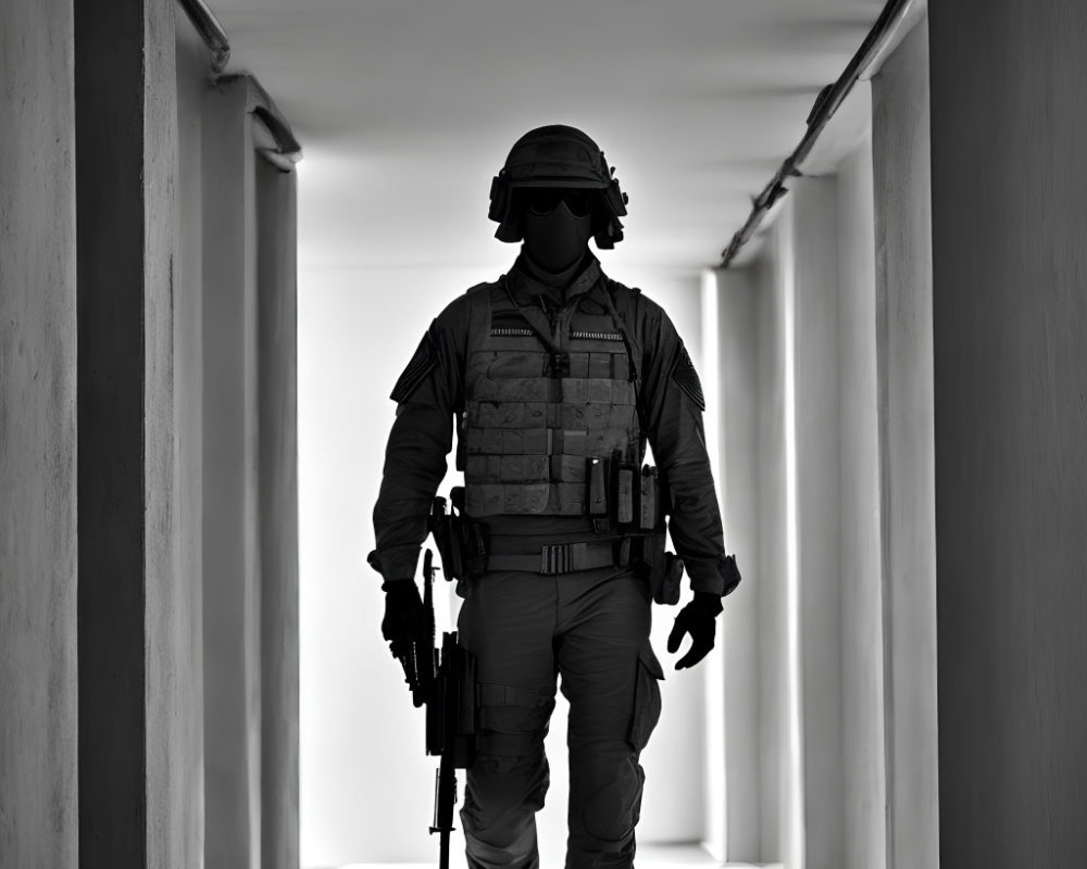 Soldier in gear and helmet walking through shadowed corridor with rifle