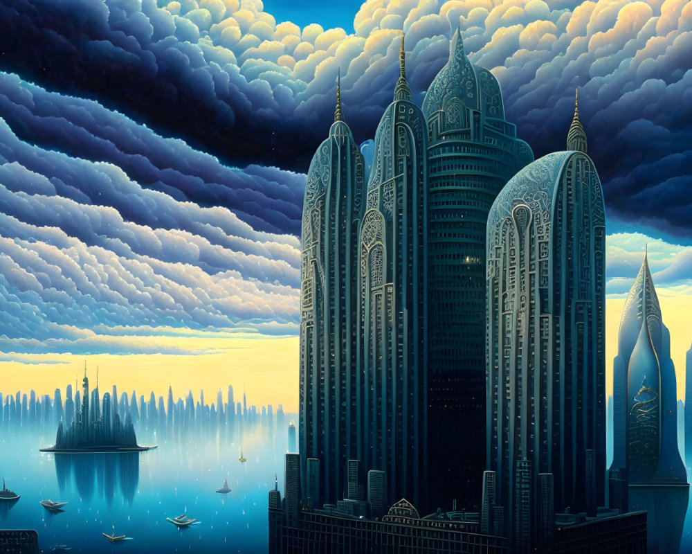 Futuristic cityscape with ornate skyscrapers under dramatic sky