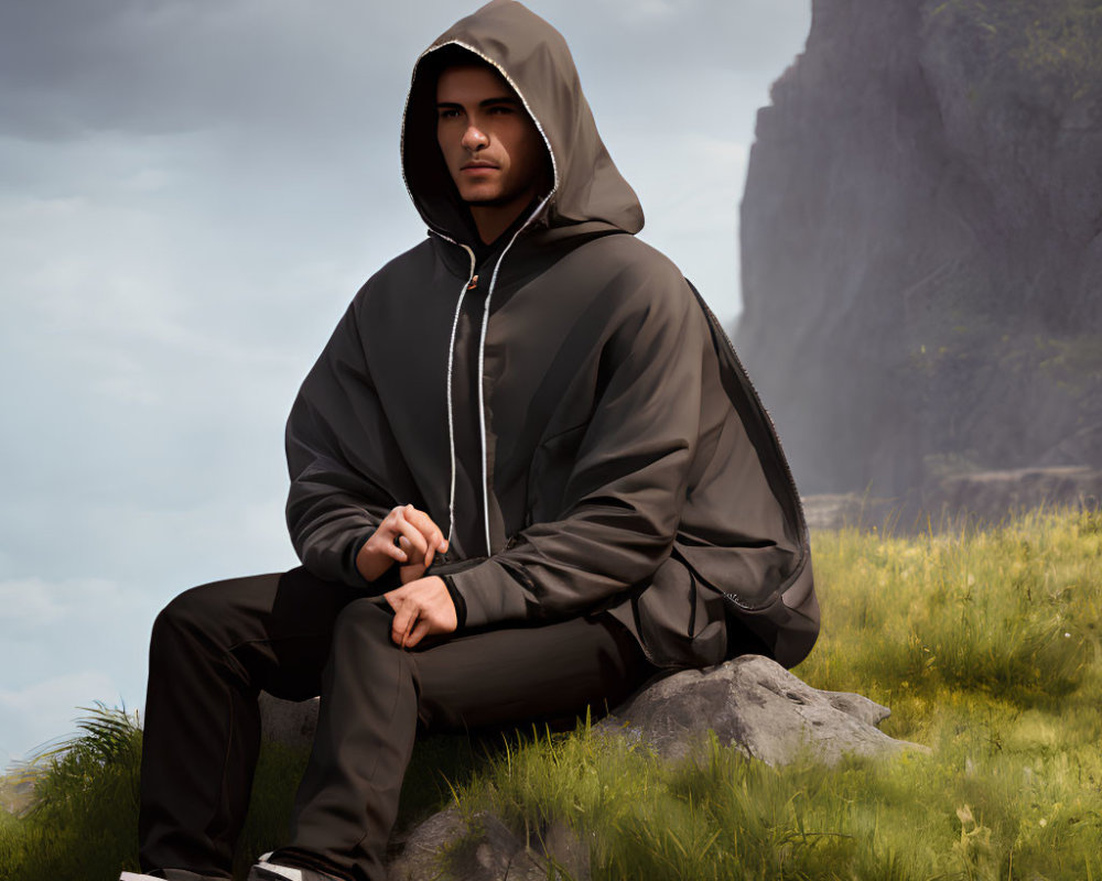 Man in black hoodie sitting on rock in grassy terrain with cloudy skies and steep cliff