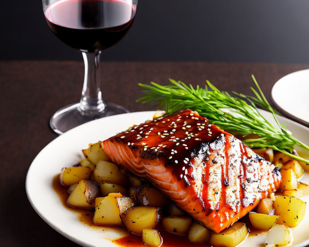 Grilled Salmon with Glaze on Bed of Potatoes, Dill, Sesame Seeds, and