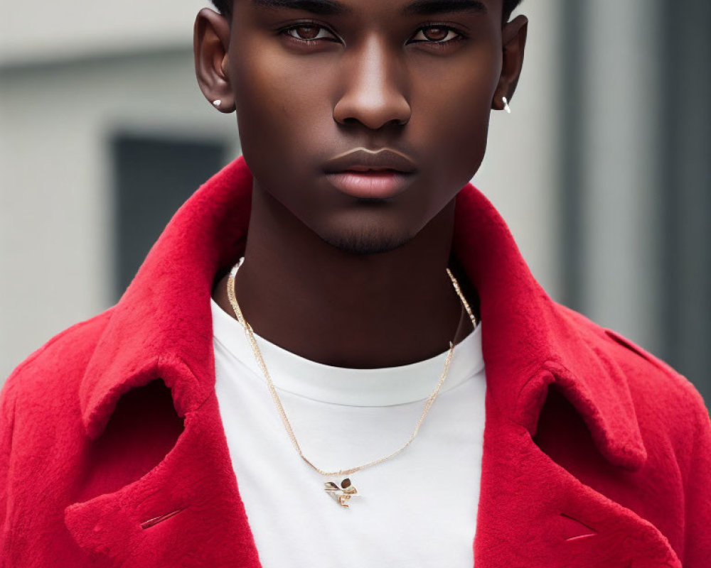 Young man portrait in red coat and gold necklace on white shirt