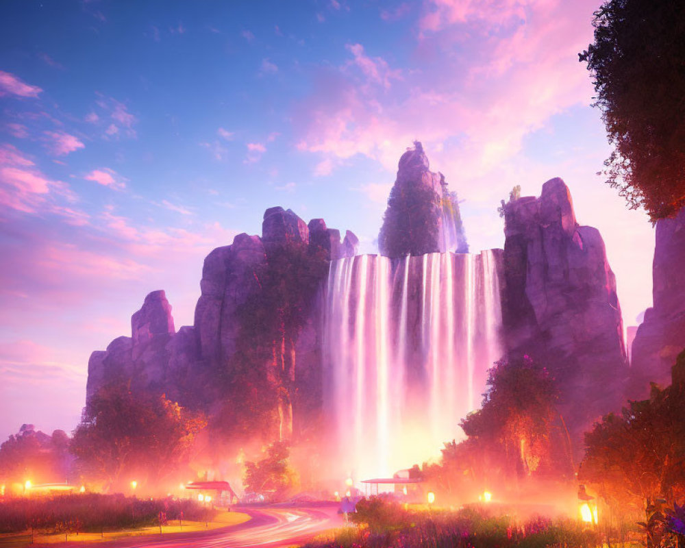 Majestic waterfall cascading at twilight with purple skies