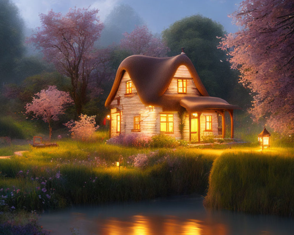 Cozy cottage among pink trees and river at twilight