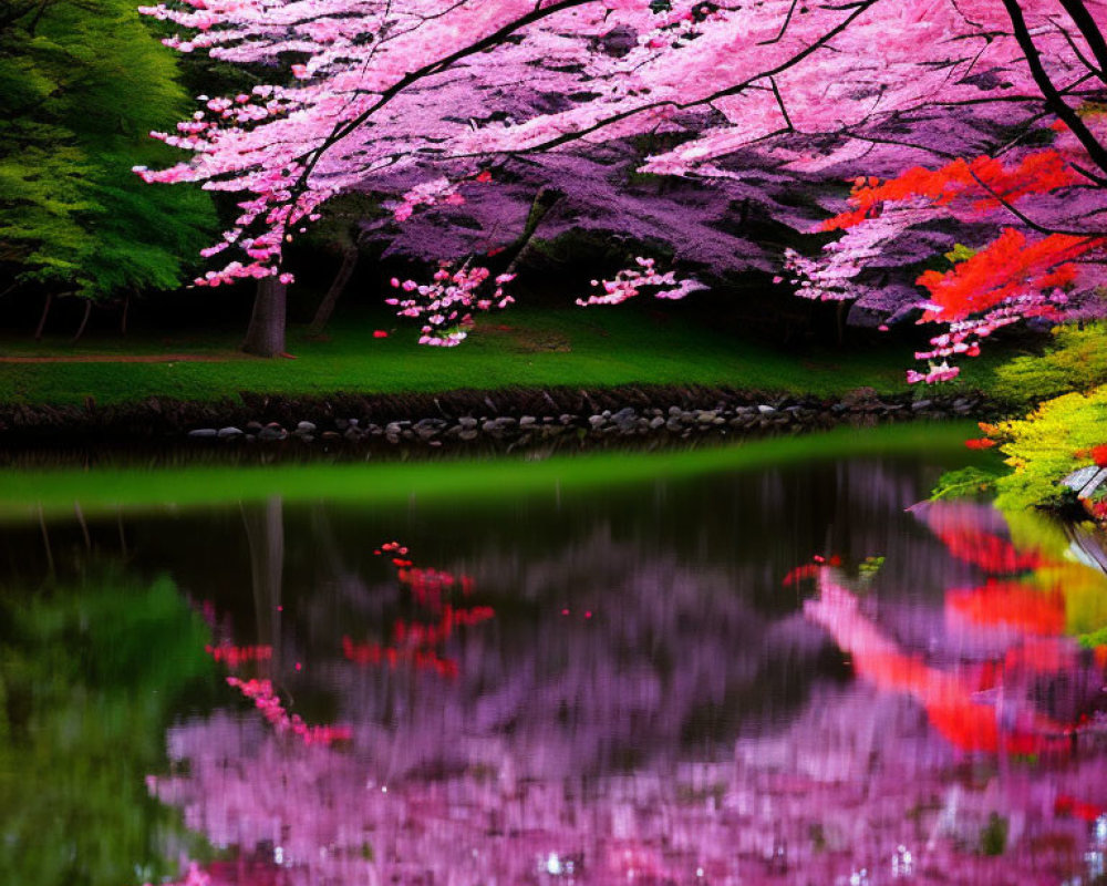 Lush Cherry Blossoms Reflecting on Tranquil Pond