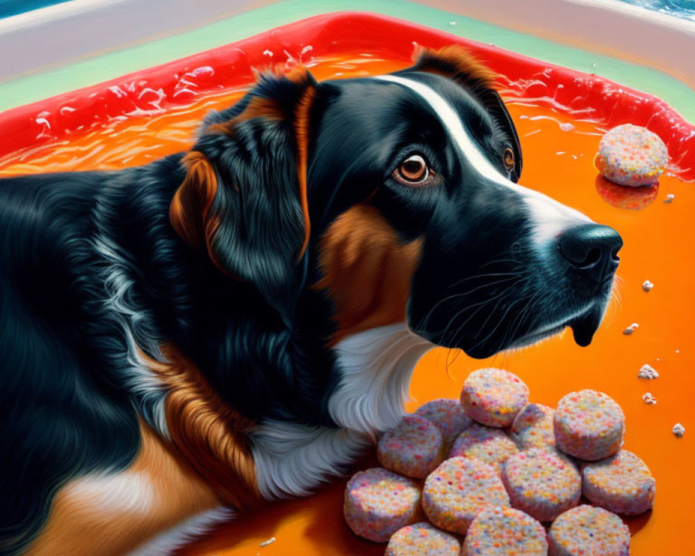 Black and white dog with brown markings in bath with orange water and colorful bath bombs