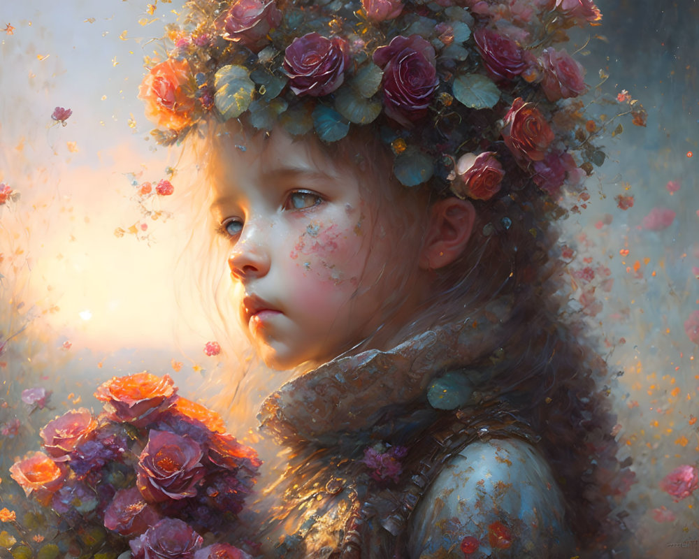 Young girl with floral crown surrounded by floating rose petals