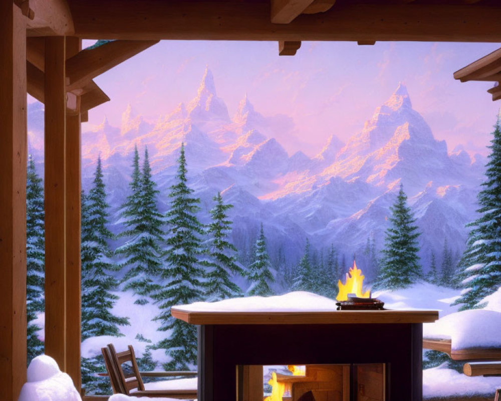 Cozy cabin interior with roaring fireplace and snowy mountain view