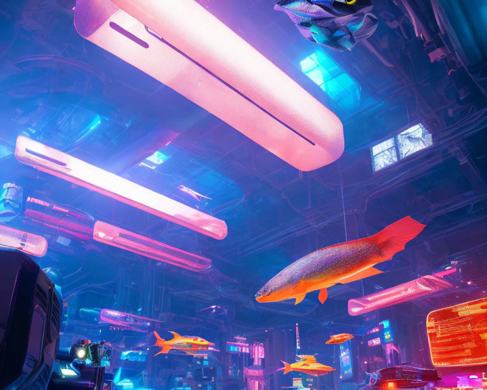 Futuristic cyberpunk cityscape with neon lights and flying fish