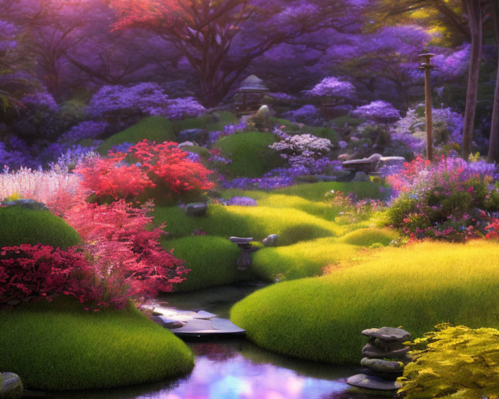 Lush Garden with Colorful Flowers and Stream in Soft Light