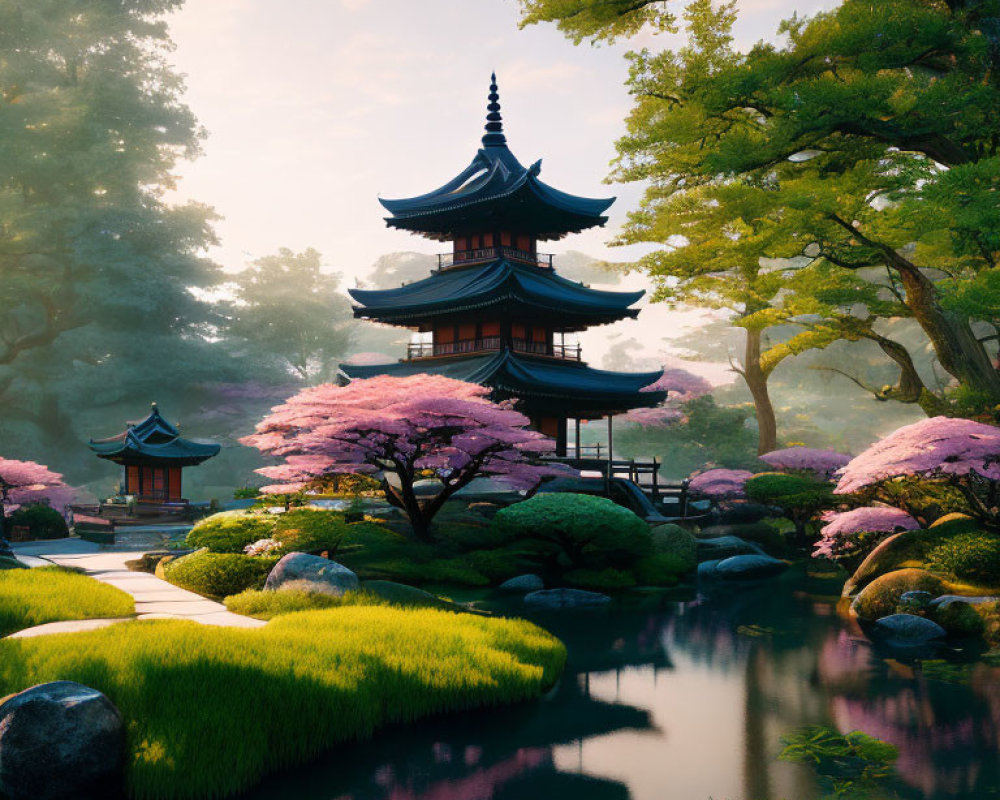 Japanese Garden at Sunrise with Pagoda, Cherry Blossoms, Pond, and Greenery