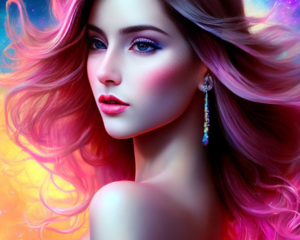 Vibrant pink hair woman portrait on cosmic background with striking makeup