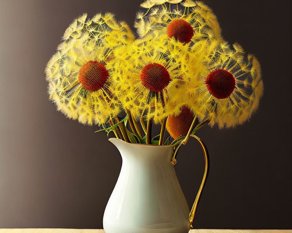 White Pitcher with Oversized Dandelion-like Flowers on Dark Background