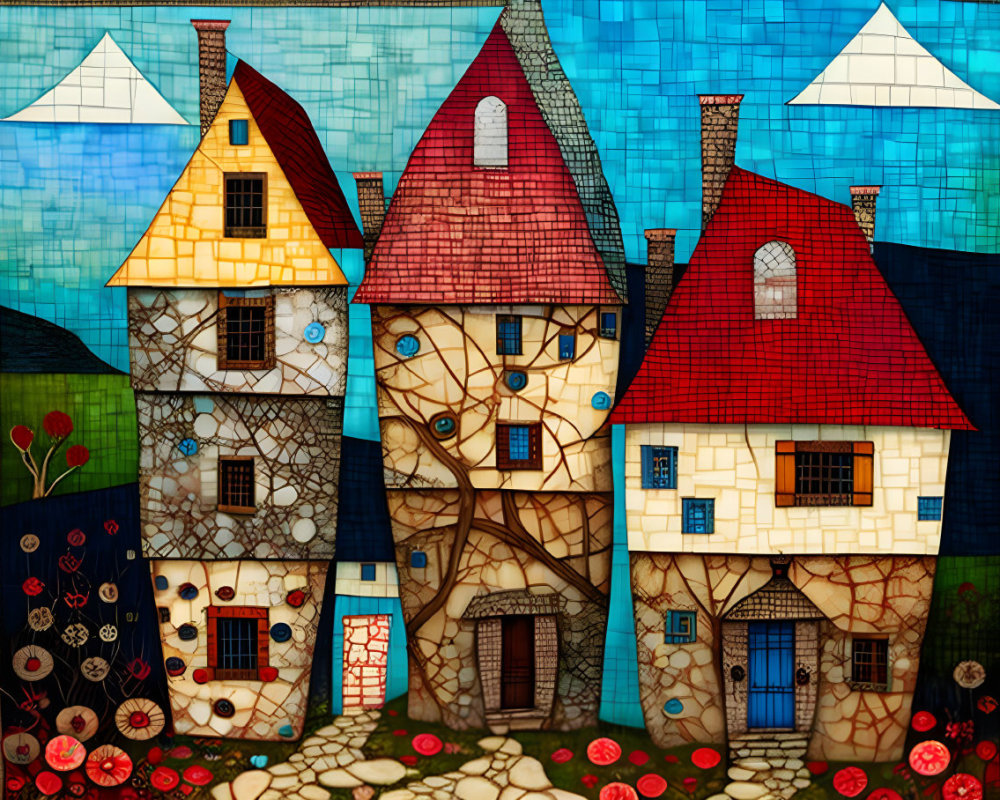 Whimsical painting of three patterned houses on blue background