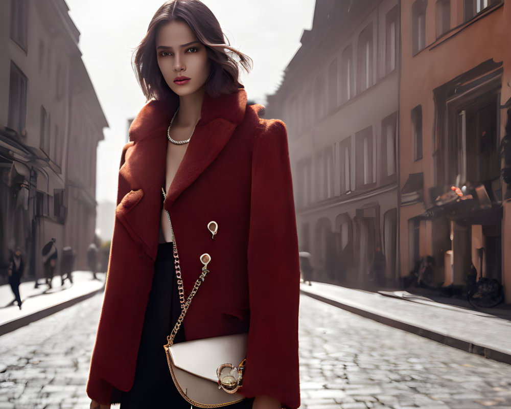 Fashionable woman in red coat on city street with old buildings