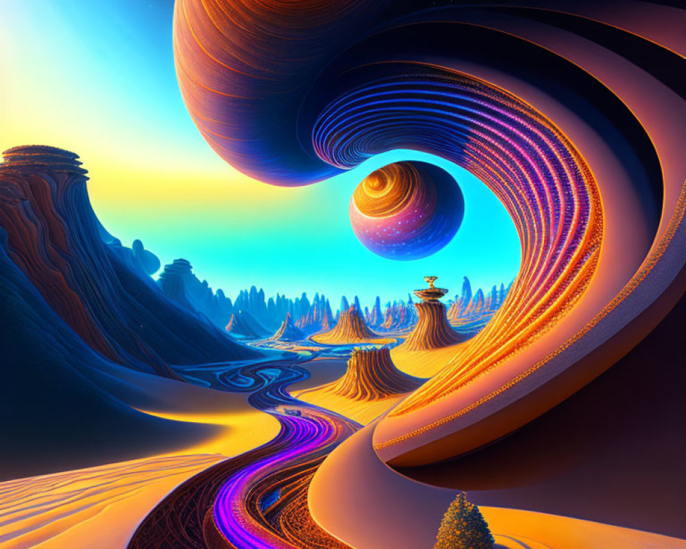 Surreal landscape with oversized planets and lone tree