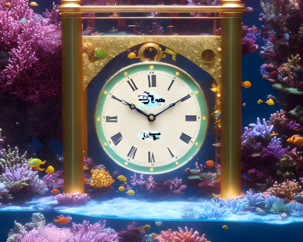 Golden clock in vibrant underwater scene with corals and fish.