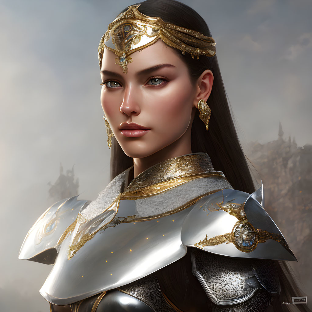 Digital portrait of a woman in silver and gold armor with intricate headpiece, set against misty castle