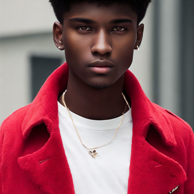 Young man portrait in red coat and gold necklace on white shirt