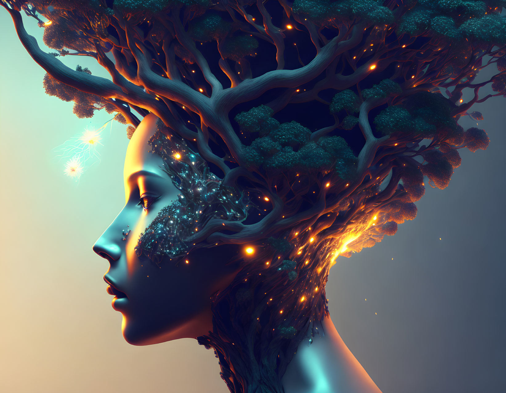 Surreal digital artwork of woman's profile merging with tree and glowing lights