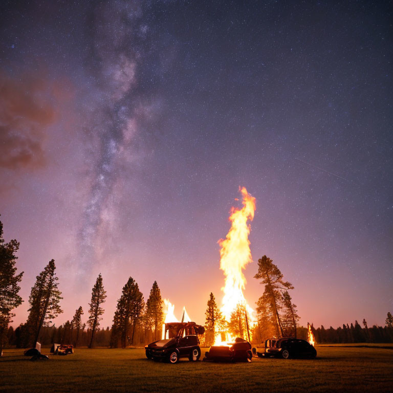 Bonfire and Vehicles Under Starry Sky with Silhouetted Trees