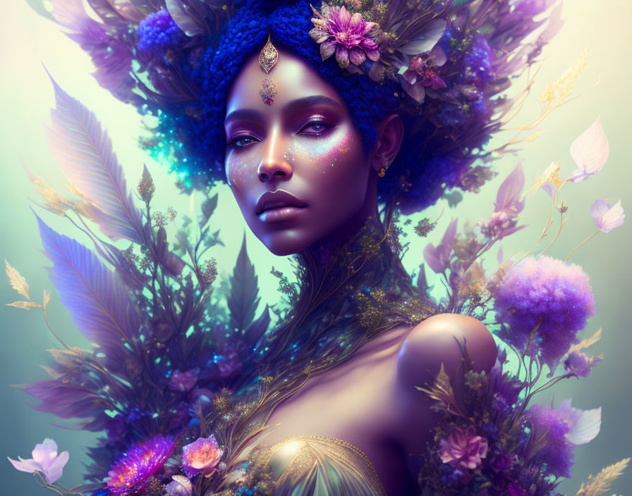 Fantasy Artwork: Woman with Floral and Feather Adornments on Blue and Purple Background