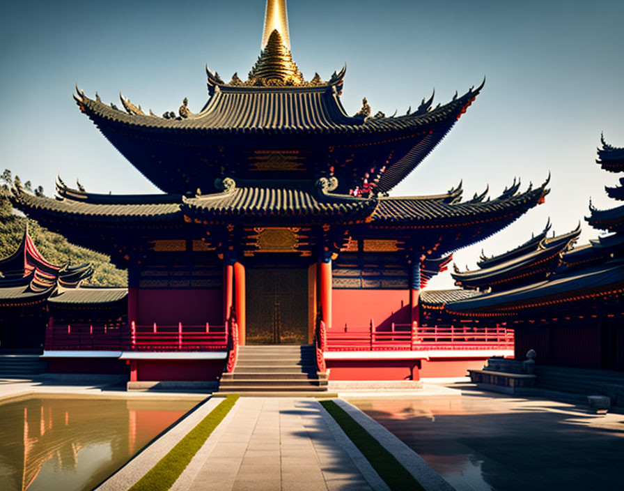 Asian temple with red and black design and golden ornaments under clear sky