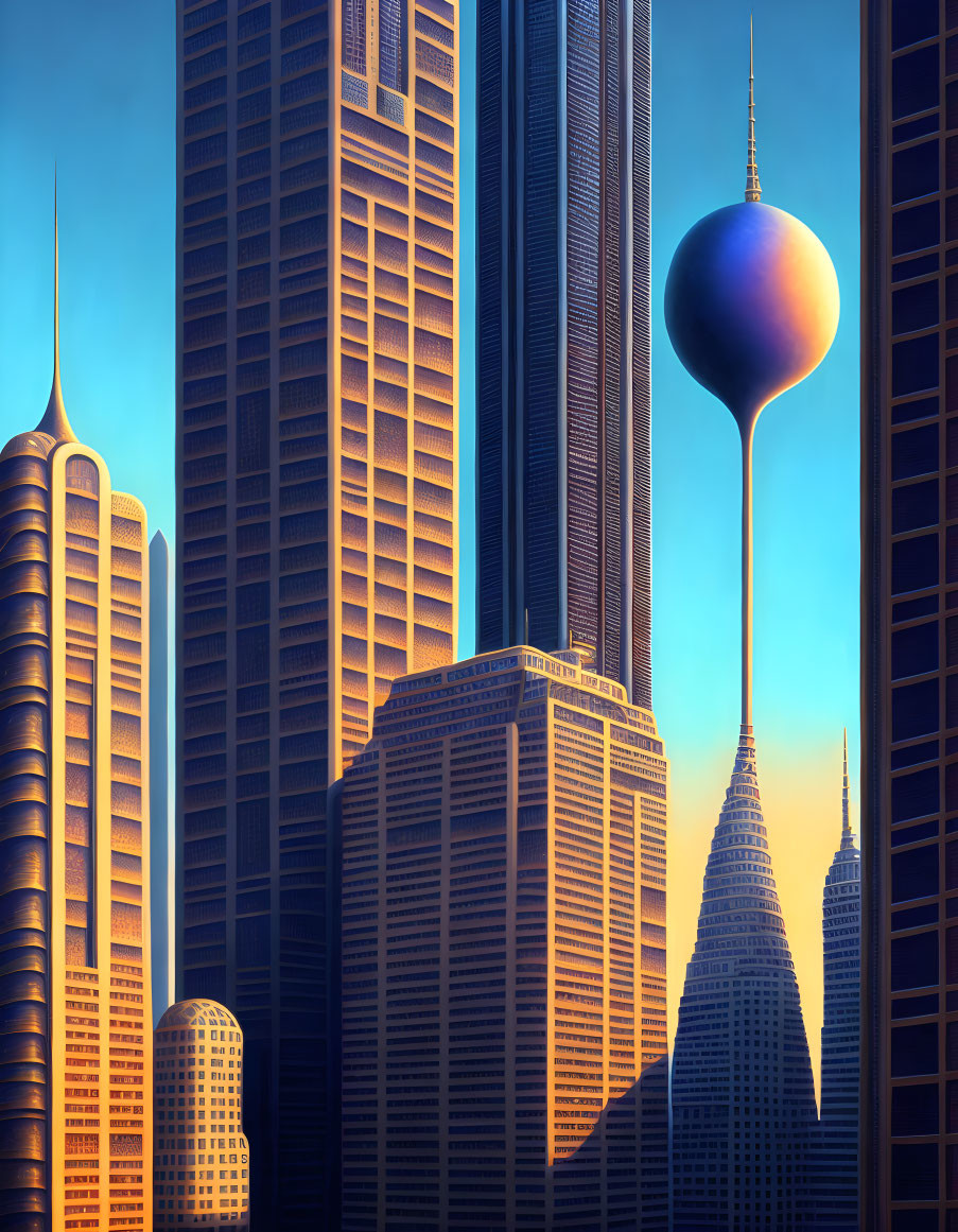 Modern skyscrapers with spherical structure under sunset or sunrise glow