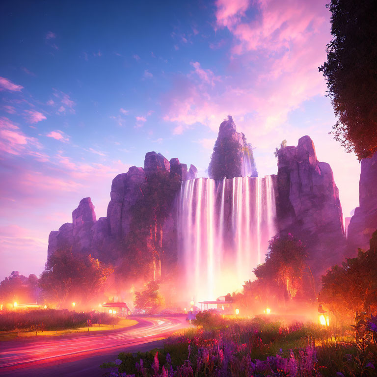 Majestic waterfall cascading at twilight with purple skies