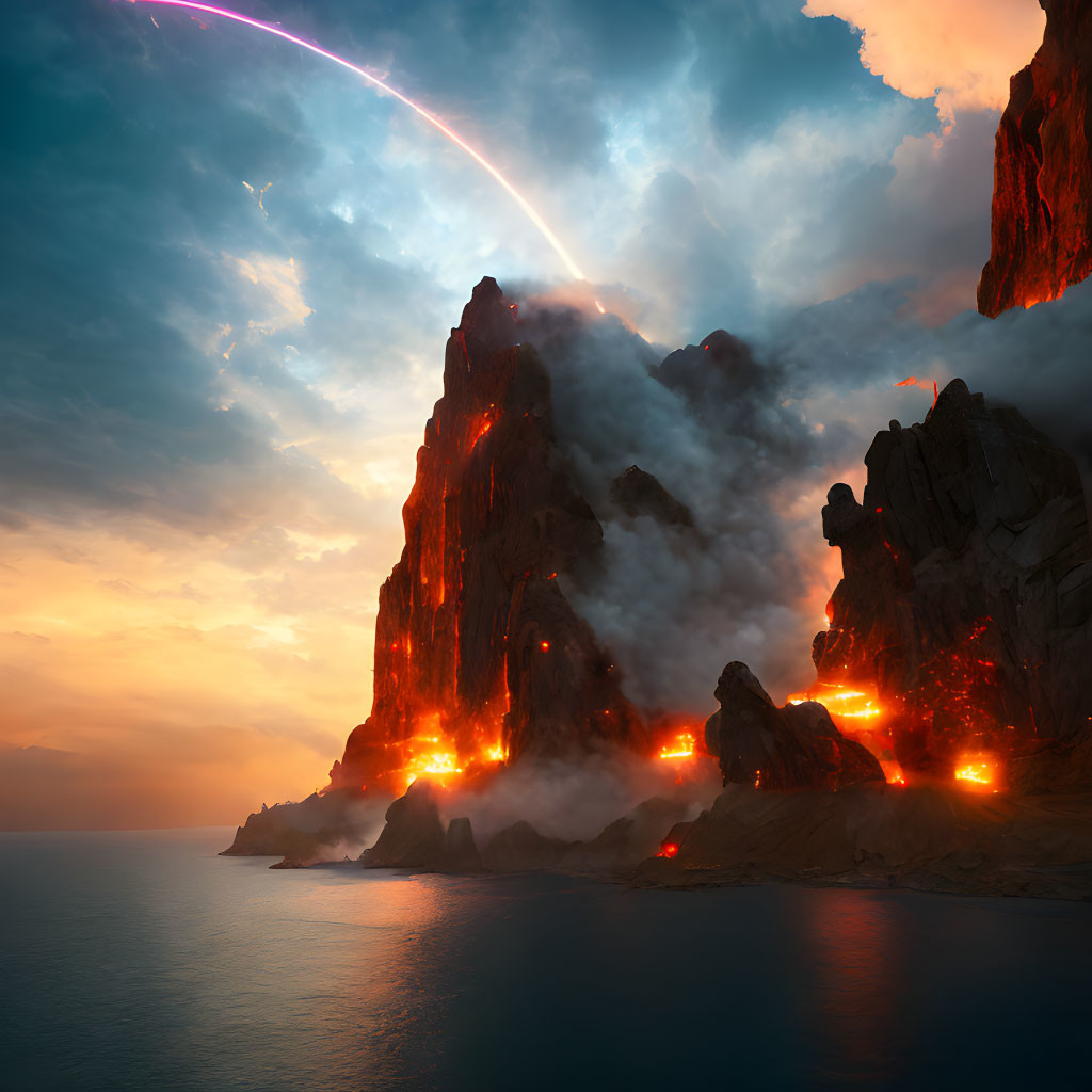 Fiery volcanic eruption near ocean under pinkish sky