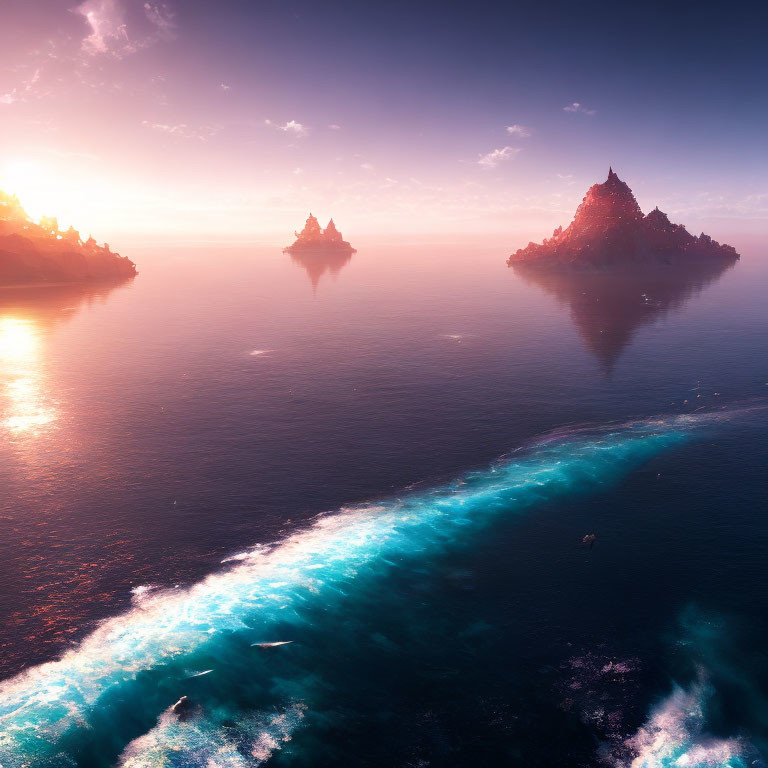 Tranquil seascape with two rocky islands and vibrant sunset sky