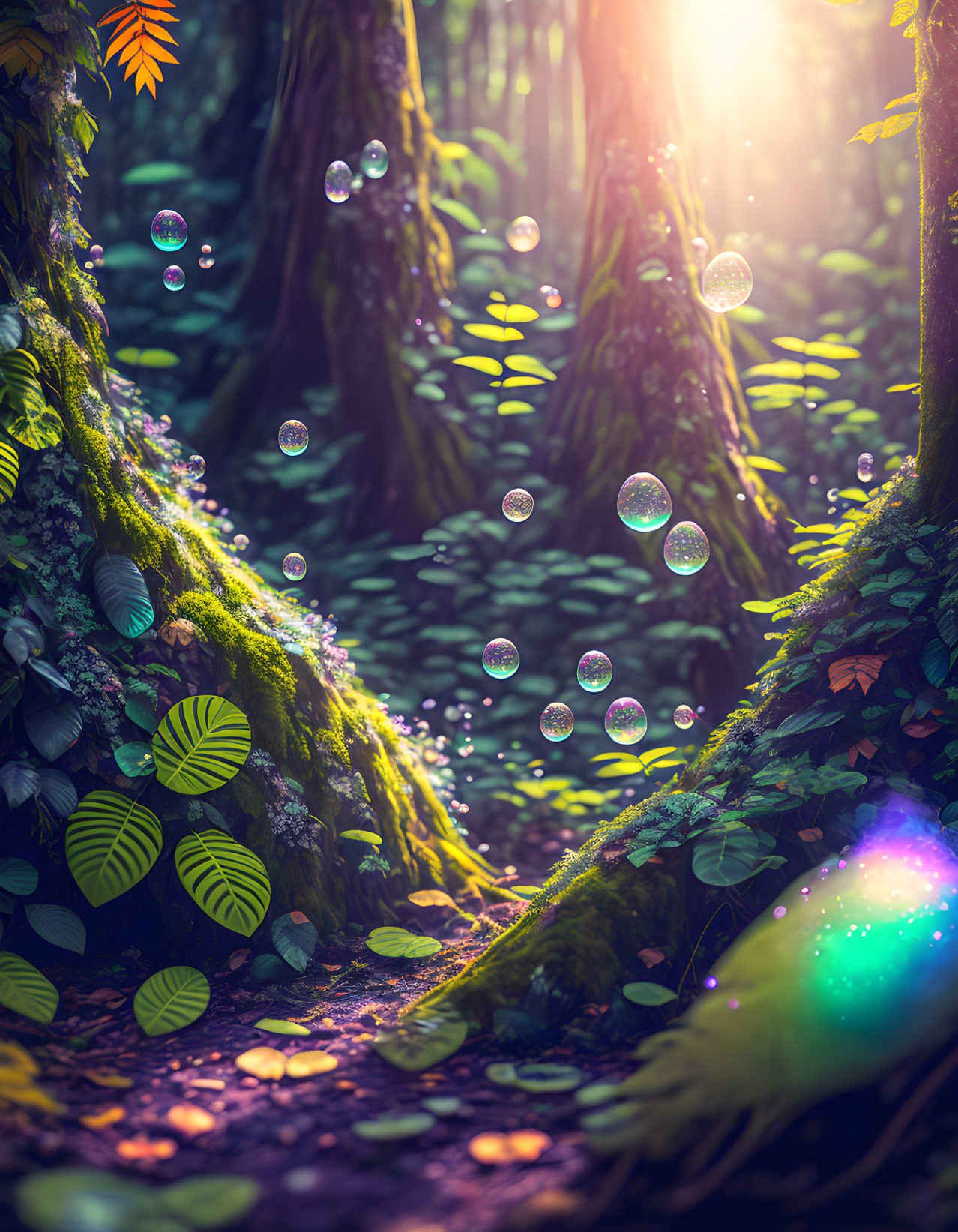 Sunlit Forest Scene with Soap Bubbles and Moss-Covered Tree Trunk