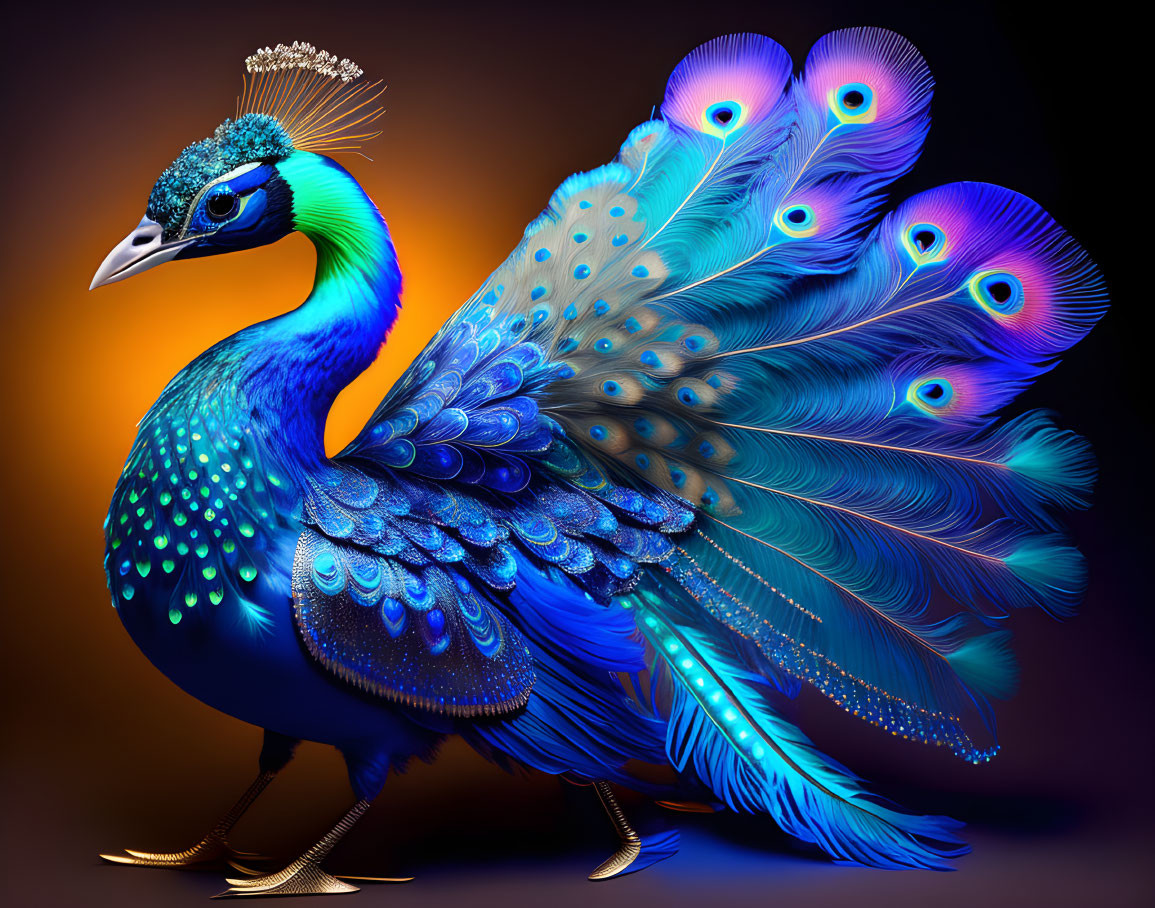 Colorful Peacock Artwork with Vibrant Blue and Orange Gradient Background