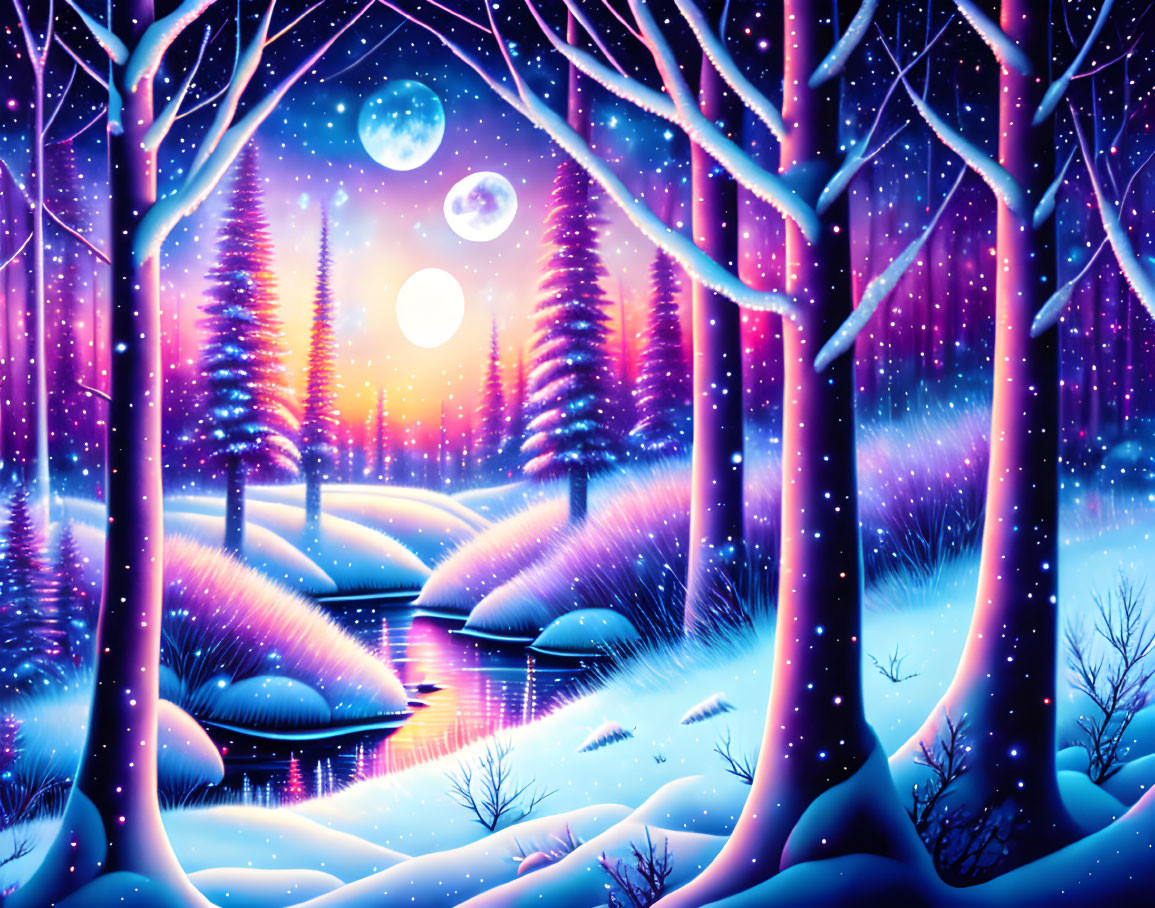 Winter night scene with full moon, snow-covered trees, river, purple and blue hues