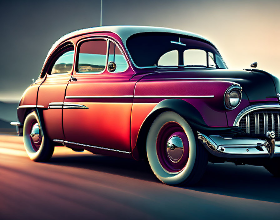 Vintage Car with Purple and Red Paint on Sunset Background